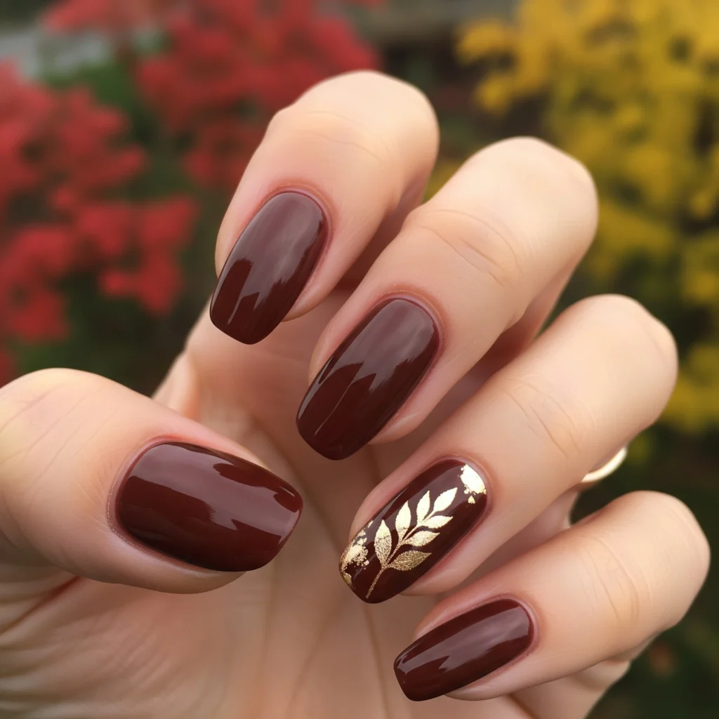Squoval nails with a dark chocolate brown polish and a tiny gold foil leaf design on the ring finger, blurred autumn leaves in the background.