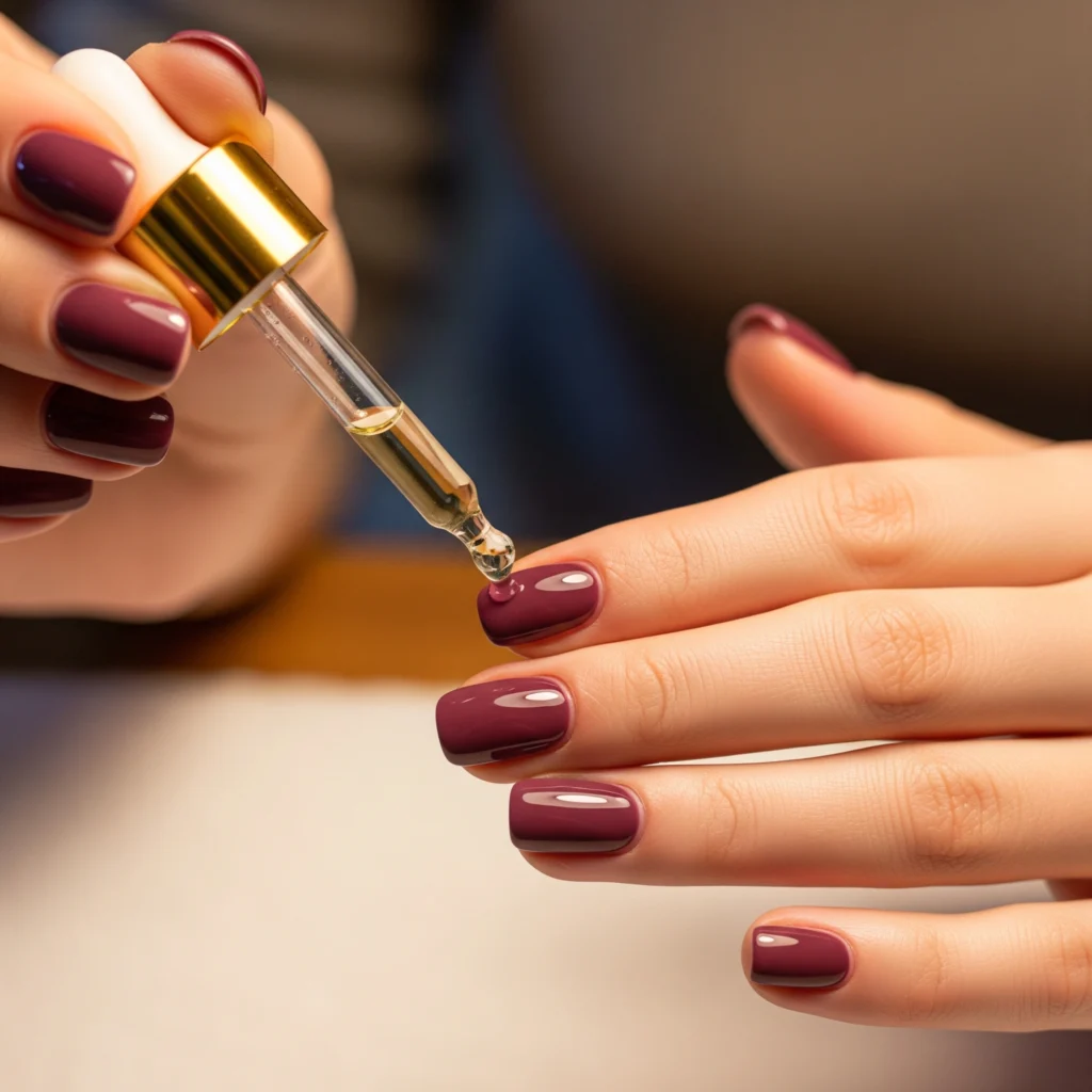 Hands demonstrating cuticle oil application on glossy deep plum nails, highlighting nail health and proper maintenance.