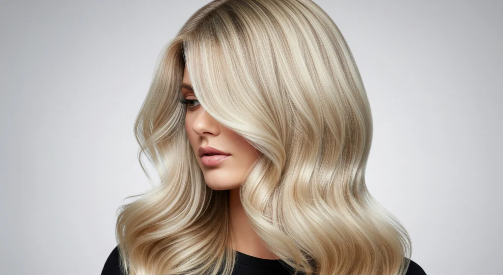 The perfect example of creamy blonde hair, showcasing a balanced blend of warm and cool tones for maximum shine.