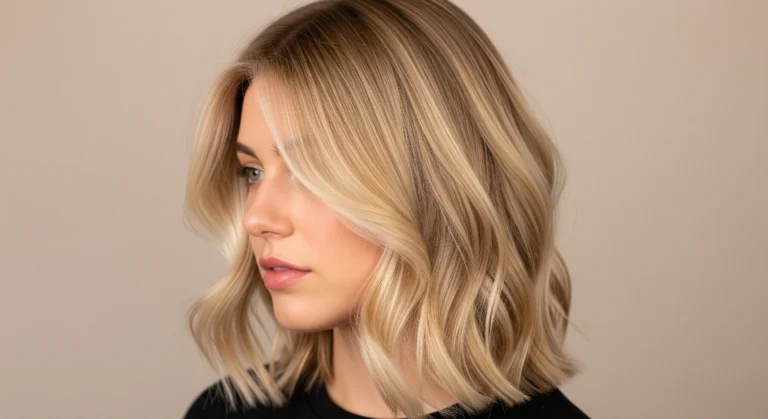 Model with healthy, glossy creamy blonde hair color in soft waves showing dimensional highlights.