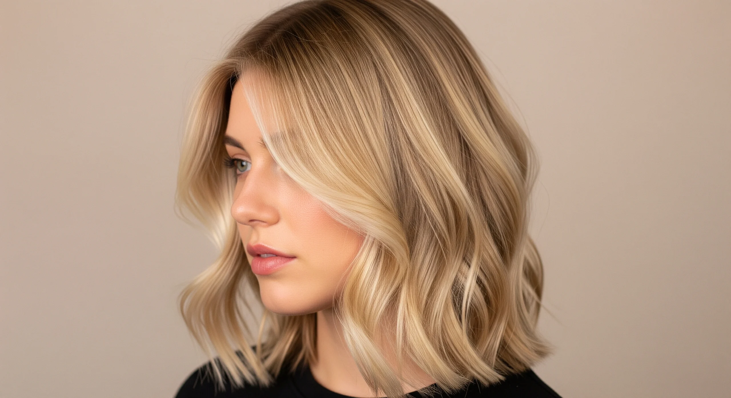 Model with healthy, glossy creamy blonde hair color in soft waves showing dimensional highlights.