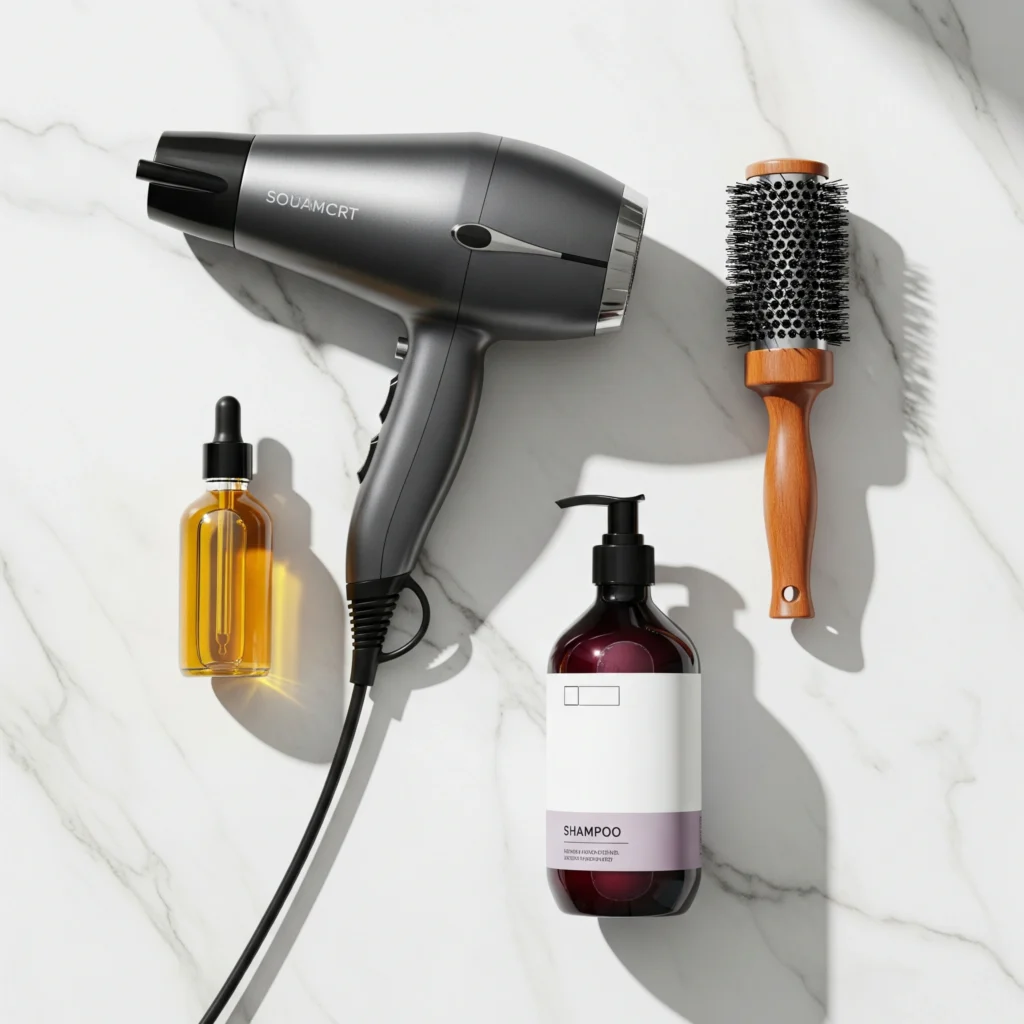 Flat lay of essential styling tools including round brush and oil for maintaining creamy blonde hair color.