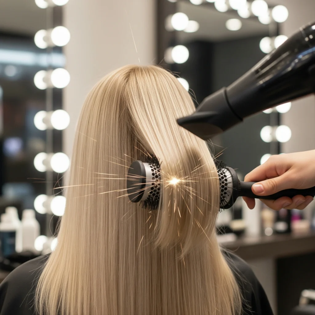 Stylist using a round brush to blow dry long creamy blonde hair color to a smooth, shiny finish.