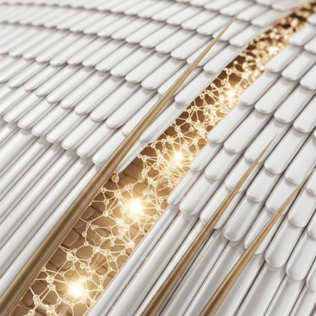 Microscopic 3D view of a healthy hair strand showing a sealed cuticle for creamy blonde hair color protection.