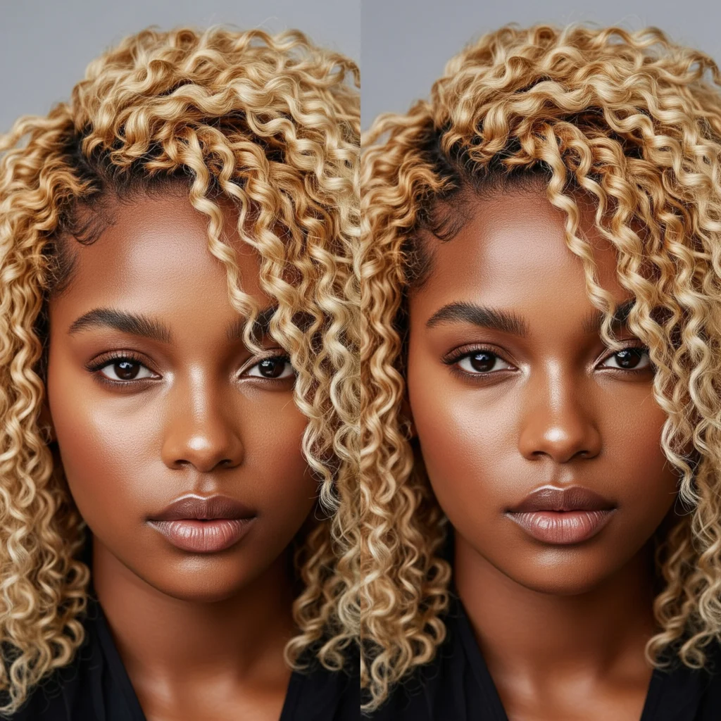 Woman with Type 4 textured coils styled in a rich creamy blonde hair color.