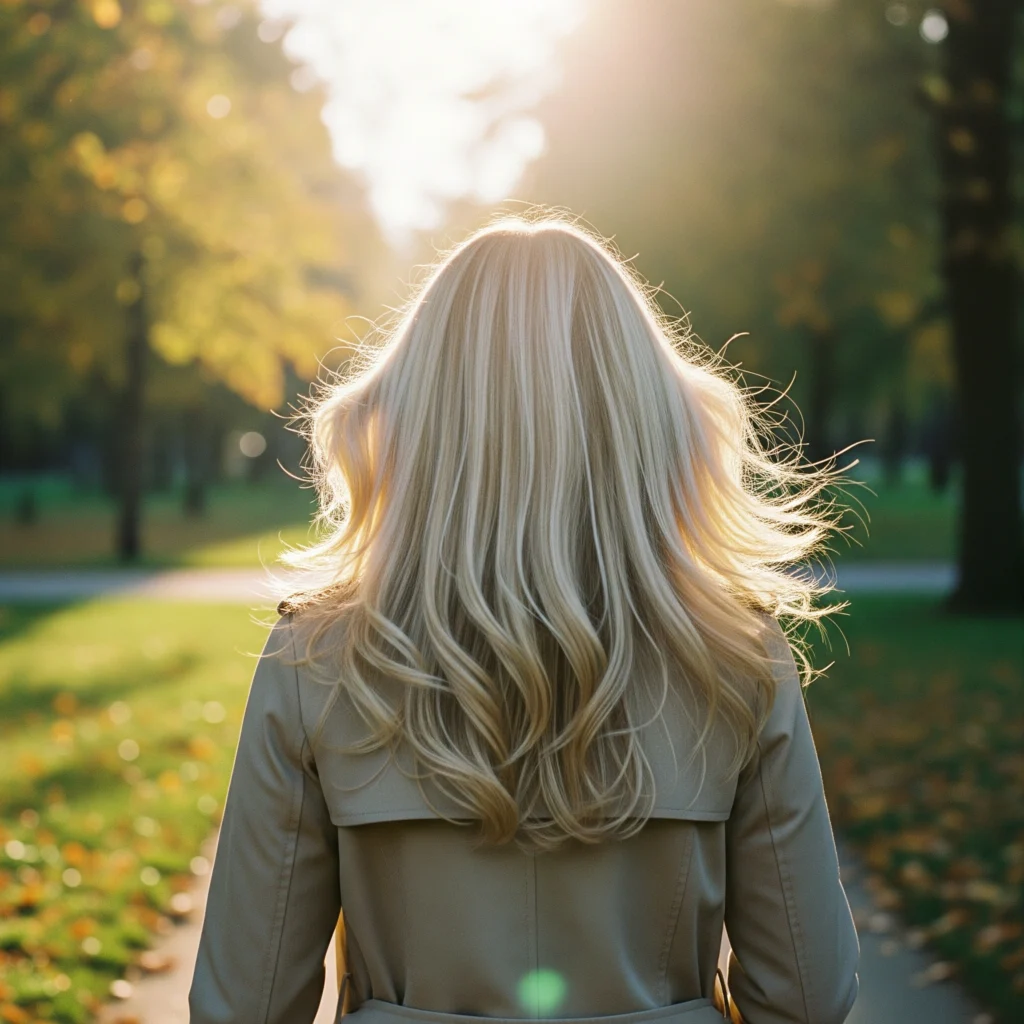 Back view of long creamy blonde hair dye moving in the wind with sunlight reflection.