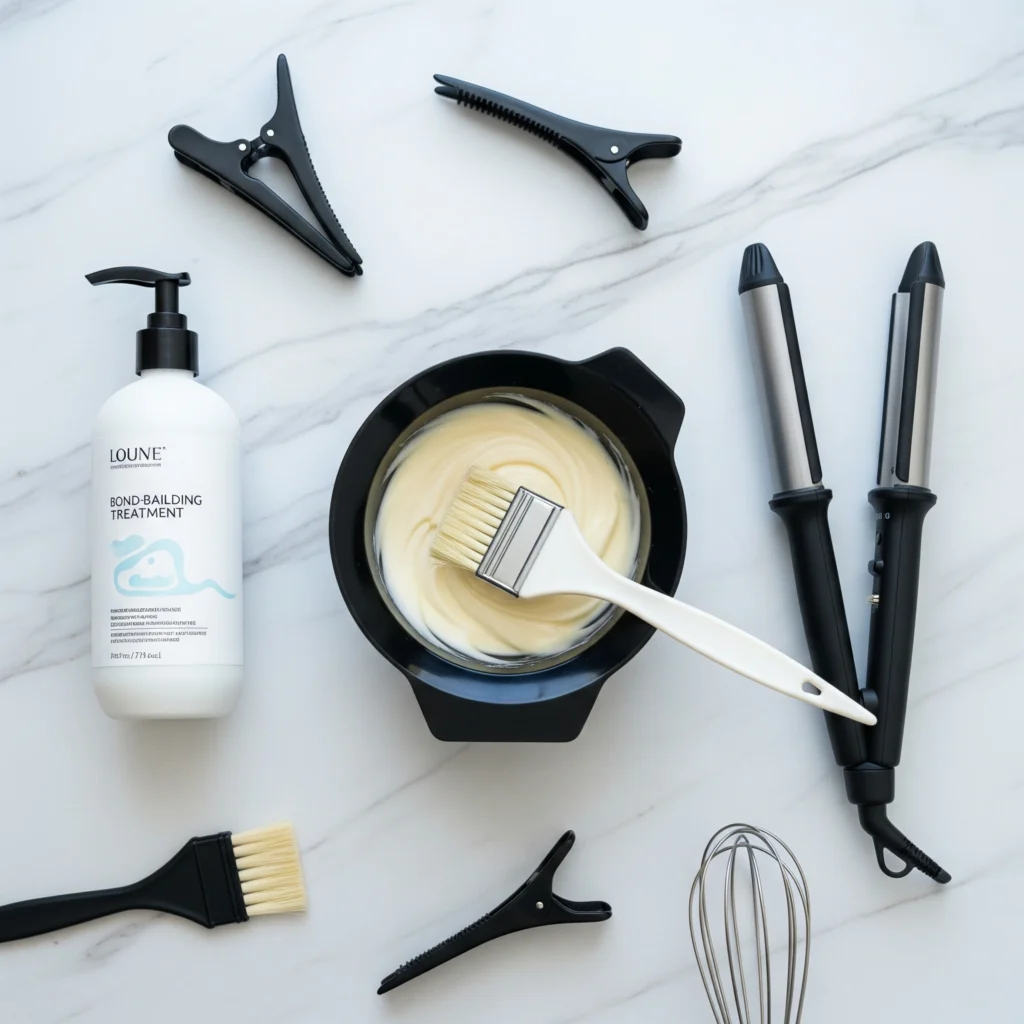 Salon tools needed for creamy blonde hair dye including mixing bowl, brush, and bond builder on marble.