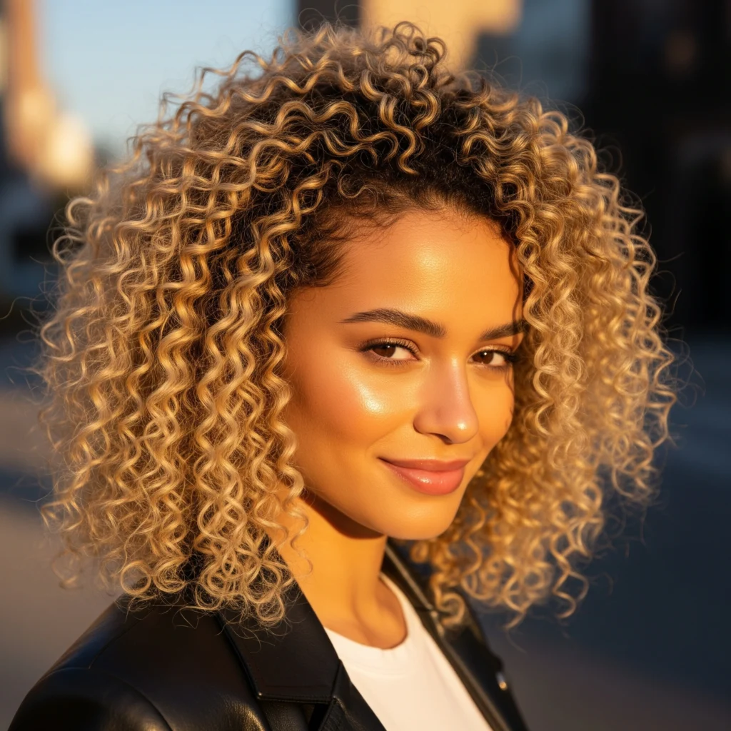 Black woman with Type 4 curls styled with creamy blonde hair dye and shadow roots.