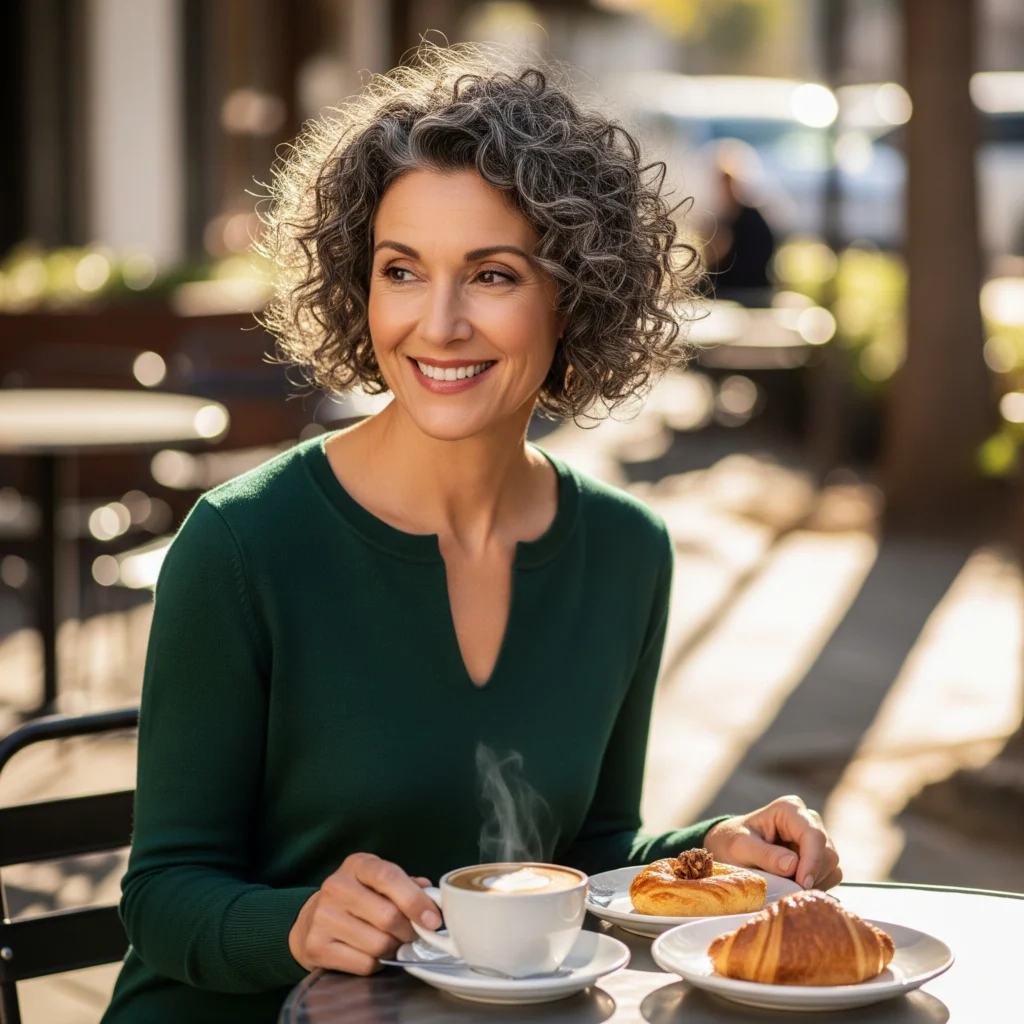 A woman over 50 with a soft, voluminous curly pixie hairstyle and silver highlights.