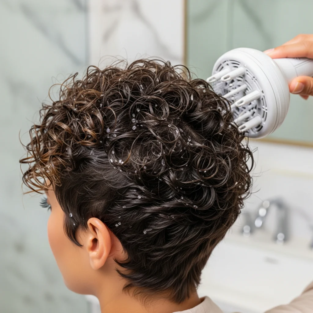 A woman styling her short curly pixie hair with a diffuser for volume.
