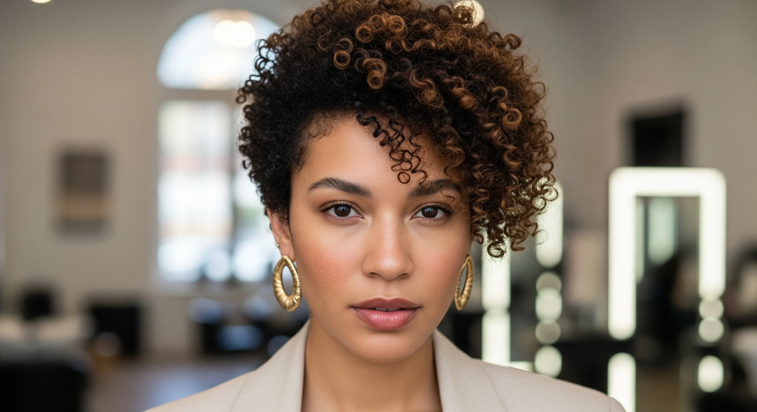 A professional woman in a beige blazer wearing a modern asymmetrical curly pixie hairstyle.