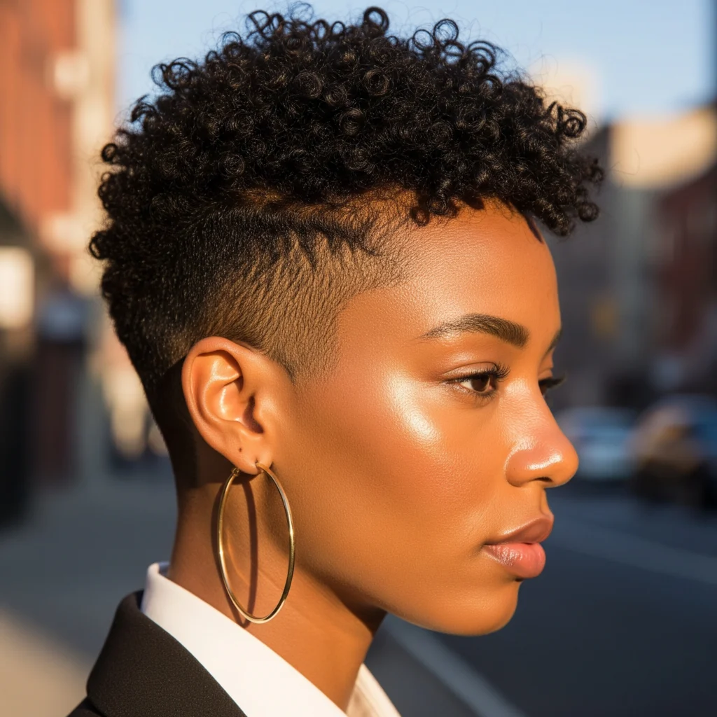 A close-up profile of a black woman with a tapered curly pixie cut on coily hair.