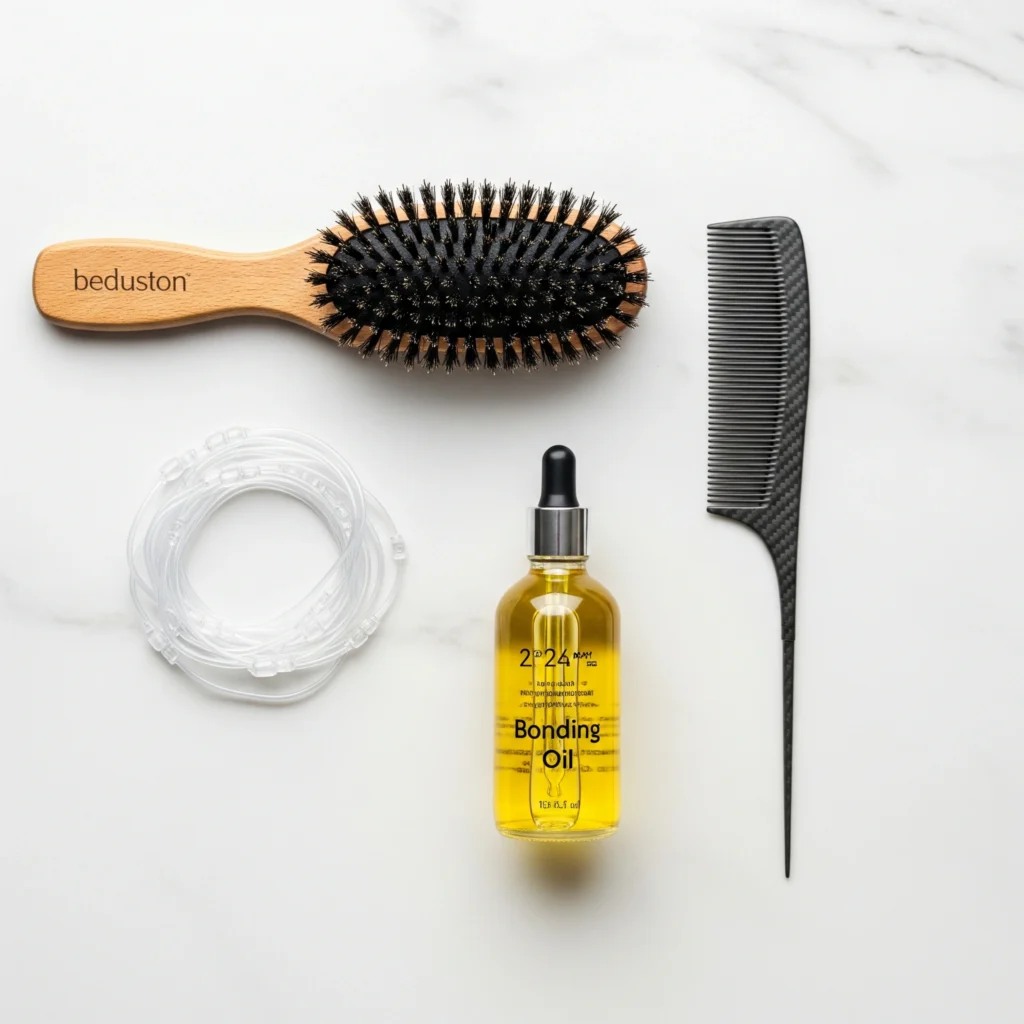 Flat lay of essential hair tools including boar bristle brush, hair oil, and clear elastics.