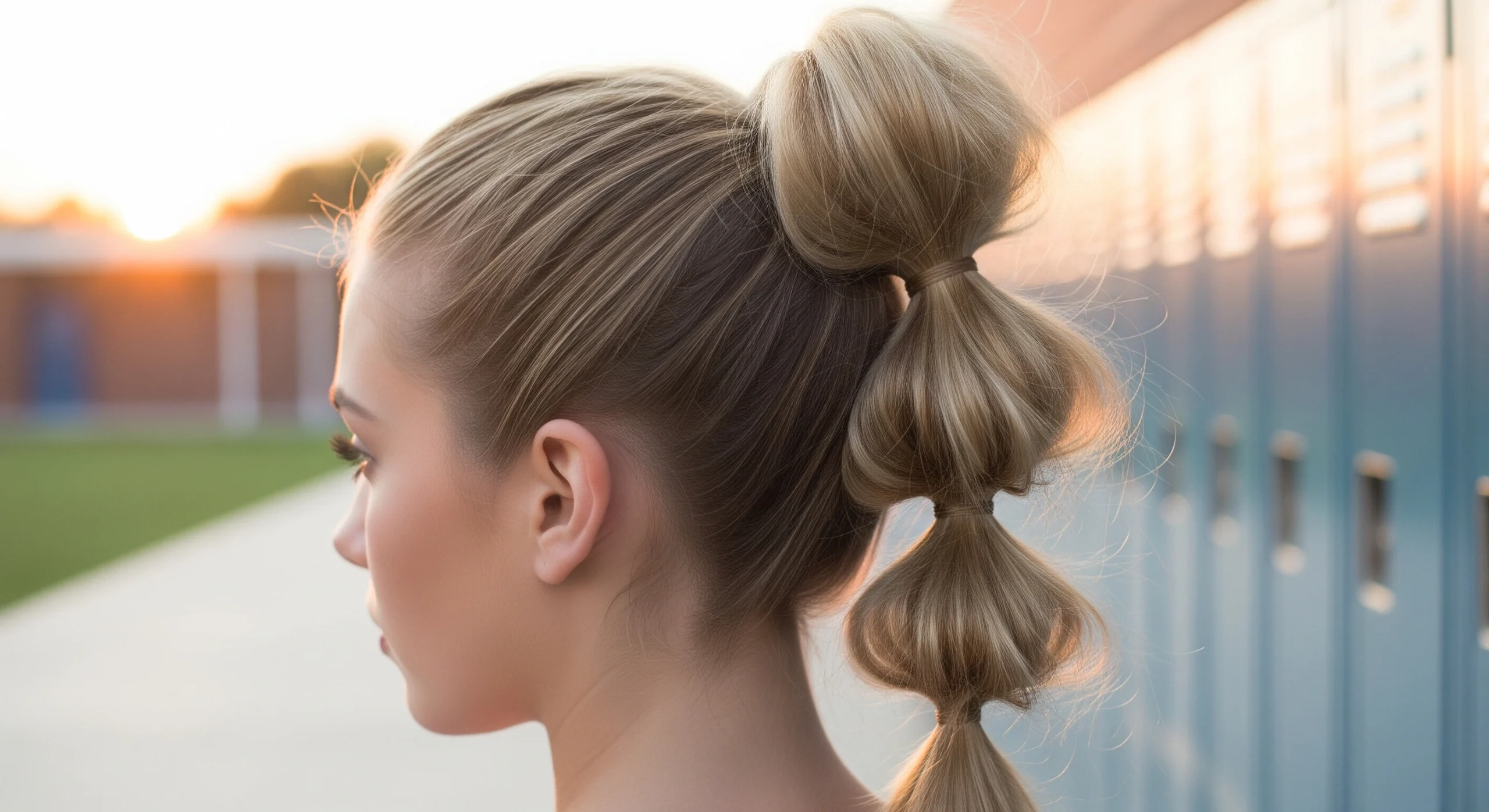 Girl with voluminous high bubble braid hairstyle walking on school campus.