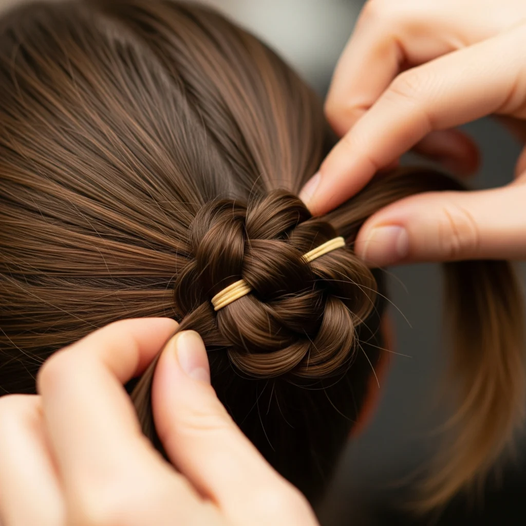 Close up of hands gently pulling hair strands to volumize a bubble braid section.