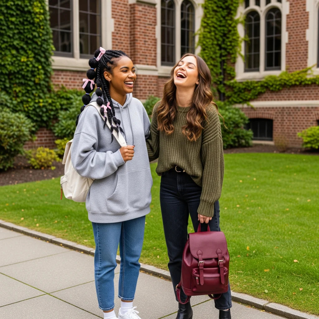 Two students laughing outside school, one wearing a trendy bubble braid with ribbons and a hoodie.