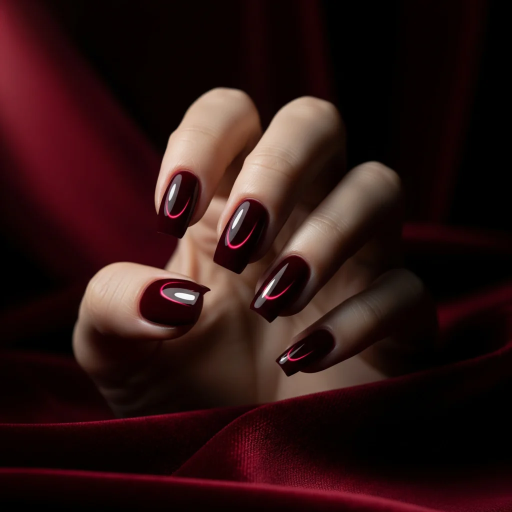 Almond-shaped nails featuring a modern French manicure with tortoiseshell patterned tips and gold rings.