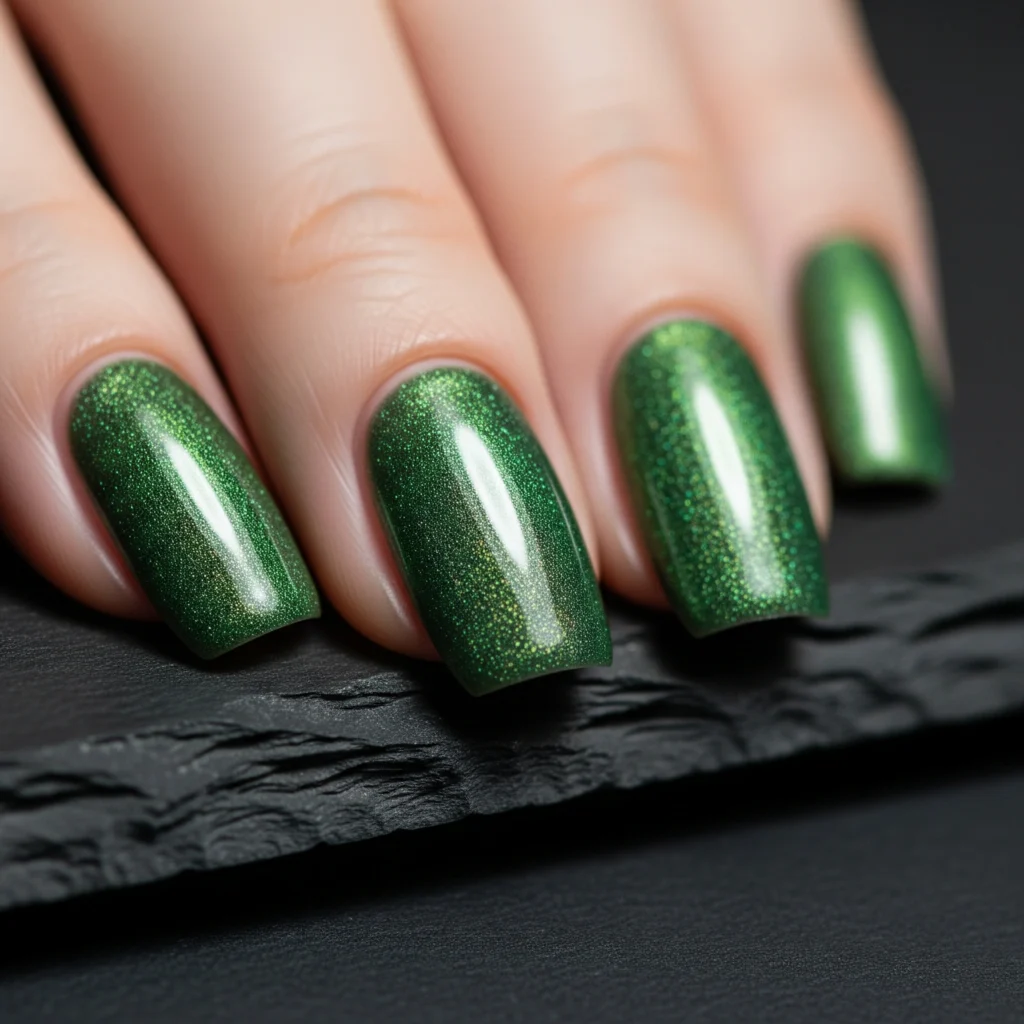 Close-up macro shot of moss green velvet texture nails with a shimmering cat-eye magnetic finish.