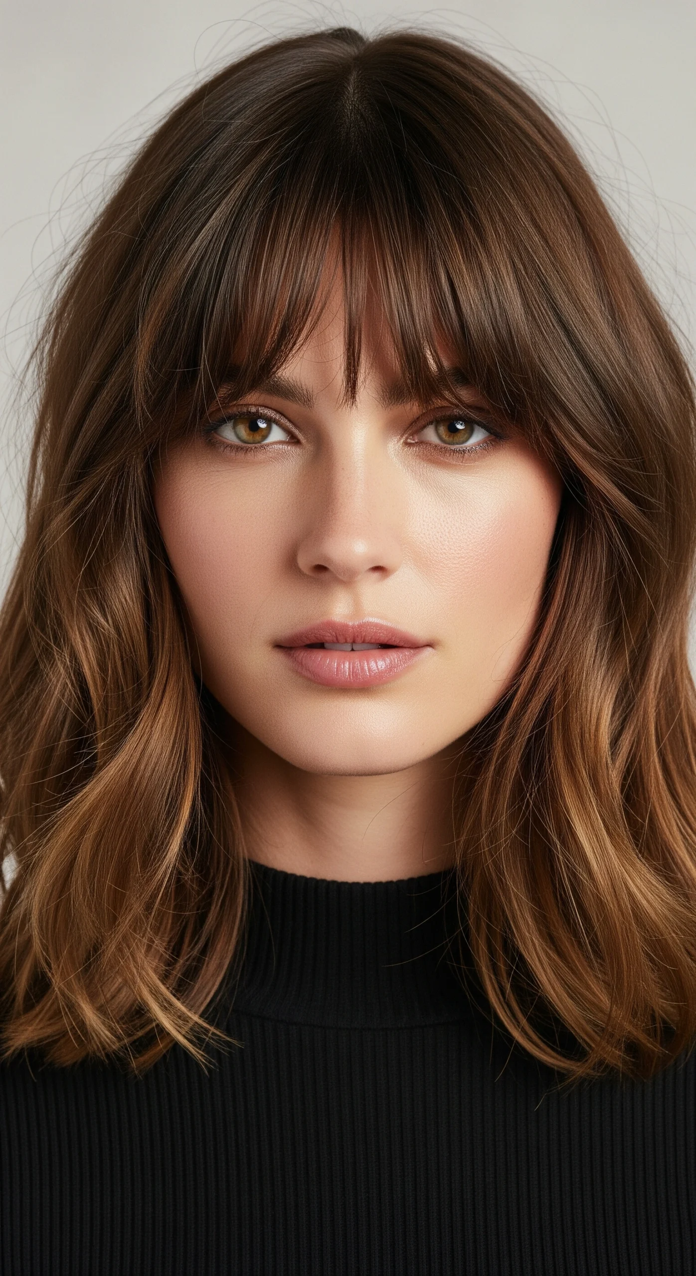 Woman with curtain bangs and wavy mid-length hair creating a soft face-framing effect