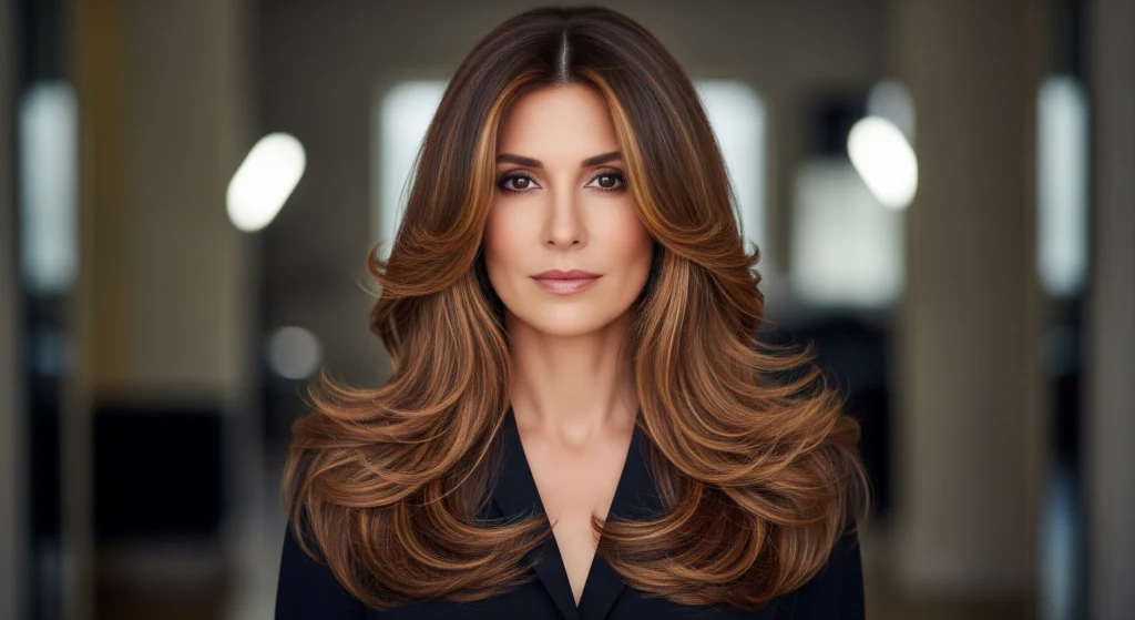 Woman with long layered wavy hair showing natural volume and movement