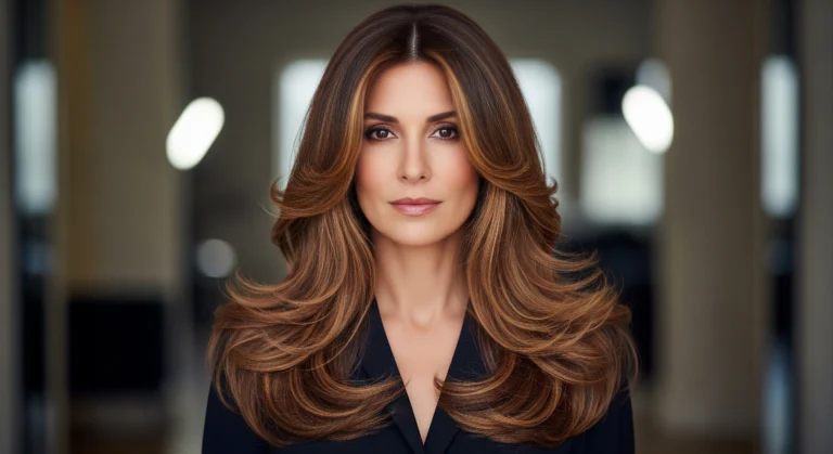 Woman with long layered wavy hair showing natural volume and movement