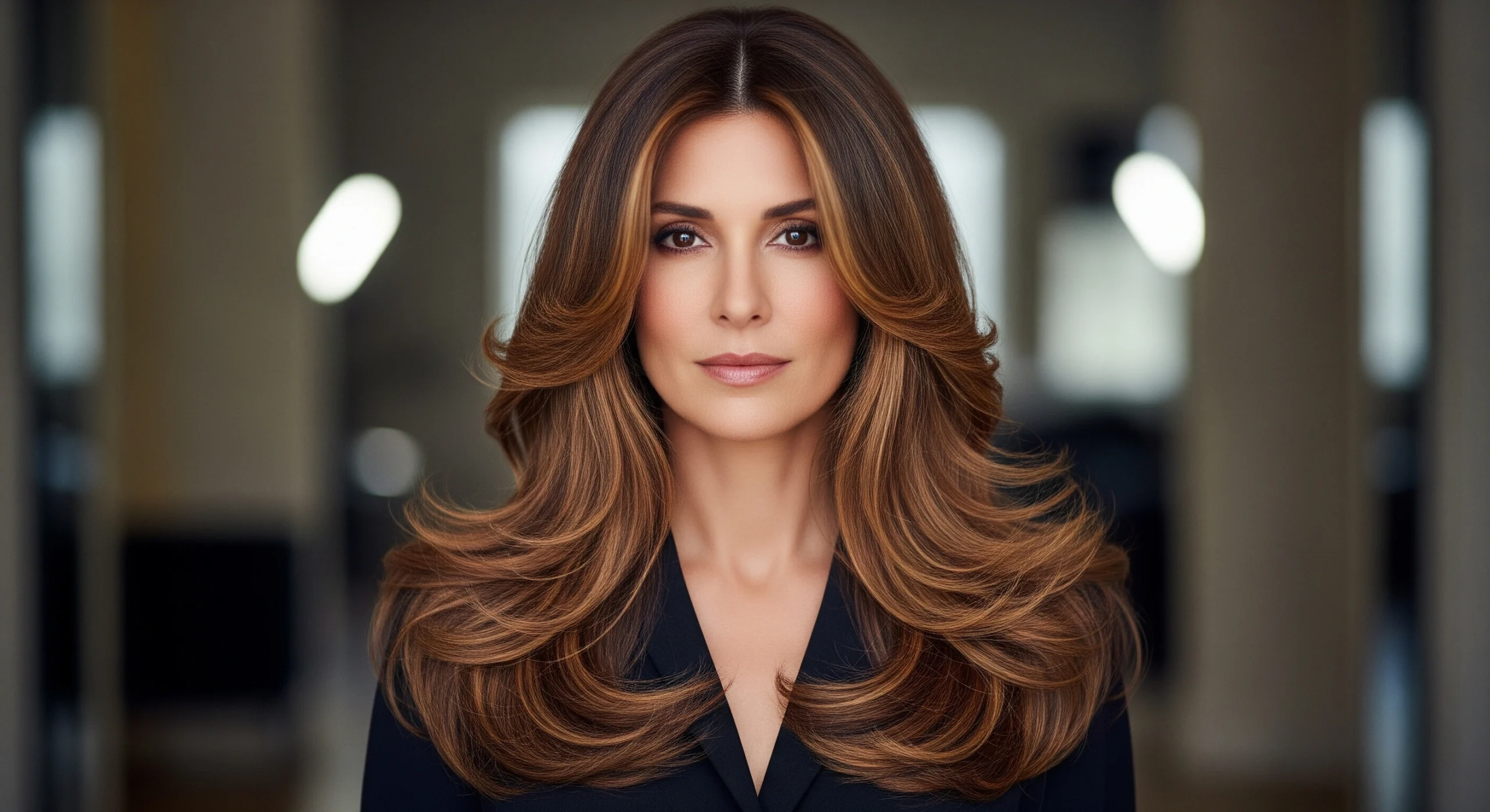 Woman with long layered wavy hair showing natural volume and movement