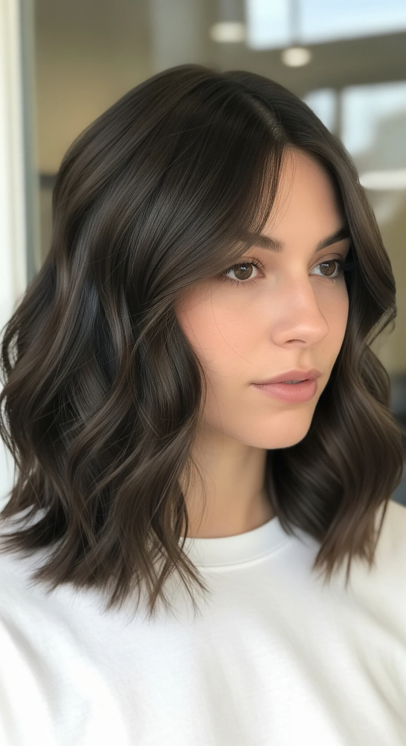 Woman with shoulder-length wavy hair featuring face-framing layers