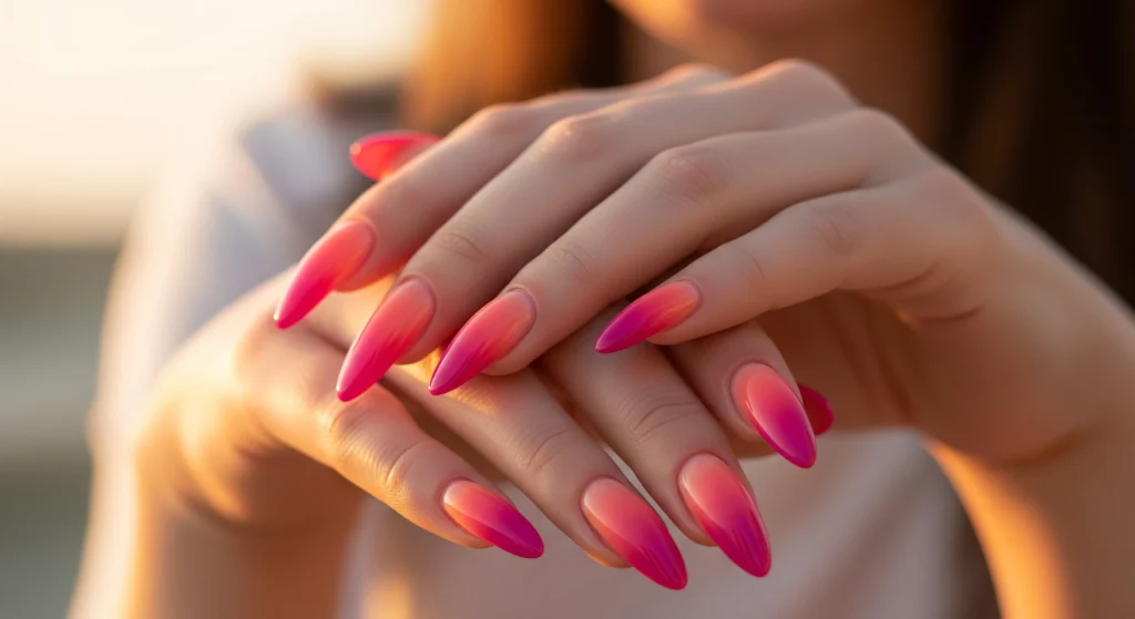 Long, almond-shaped acrylic nails featuring a smooth and seamless gradient that transitions from a warm coral to a deep magenta.