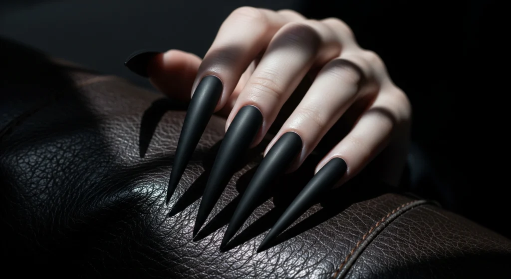 A dramatic close-up of extremely long and sharp stiletto acrylic nails painted in a non-reflective matte black.
