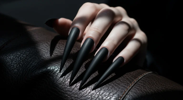 A dramatic close-up of extremely long and sharp stiletto acrylic nails painted in a non-reflective matte black.