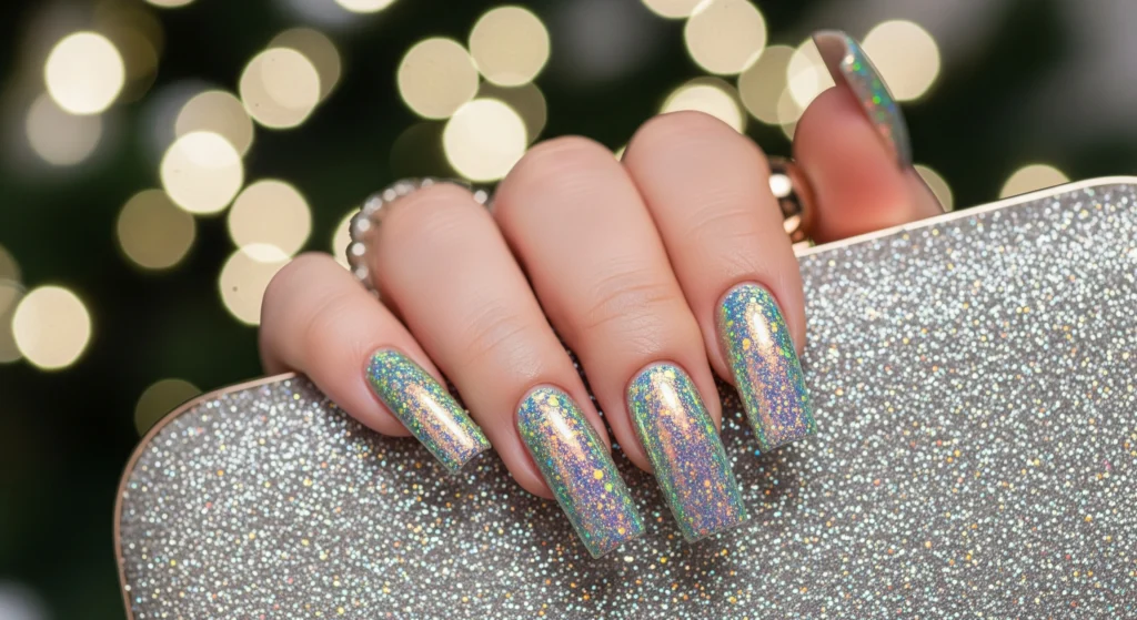A woman’s hand with long, square acrylic nails covered in sparkling holographic glitter, holding a clutch purse at a party.