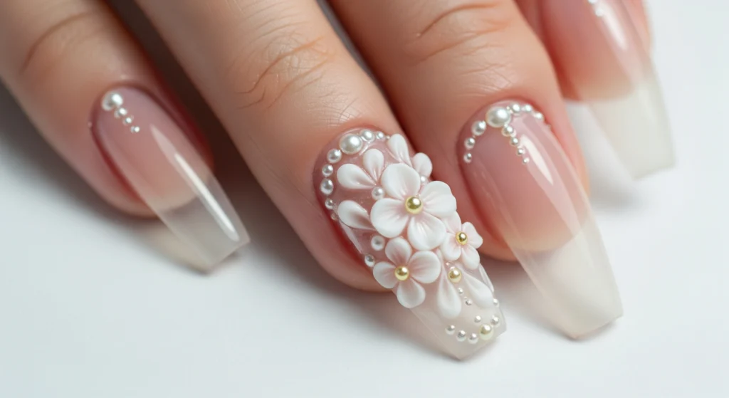 A macro photograph focusing on an accent nail with tiny, 3D sculpted white flowers and pearls on a long acrylic nail.