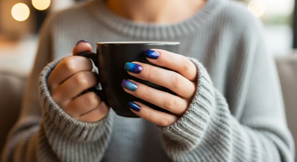 Woman holding a mug wearing a cozy sweater and sparkling astronomy nail art.