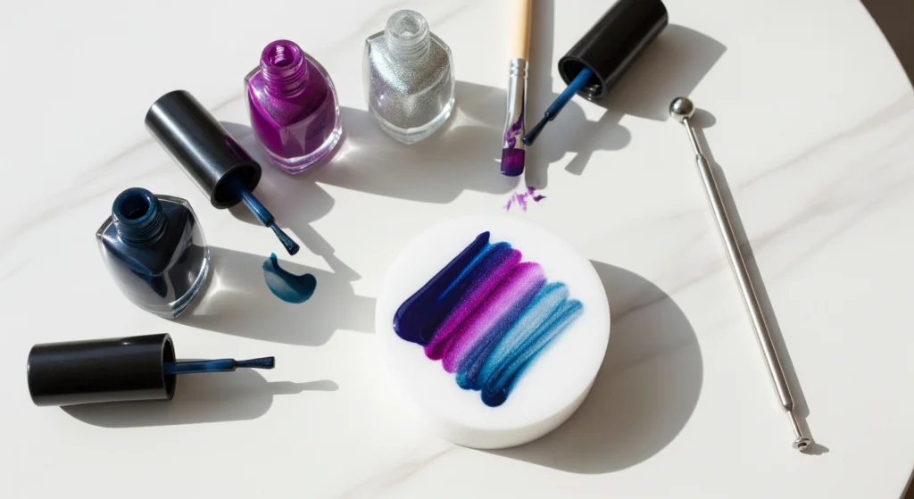 Flat lay of astronomy nail art tools including sponges, dotting tools, and blue and purple polish.