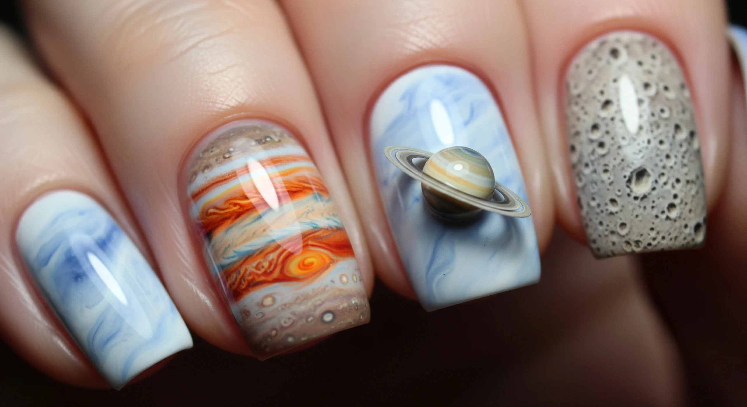 Astronomy nails showing realistic planetary textures of Jupiter and a ringed Saturn.