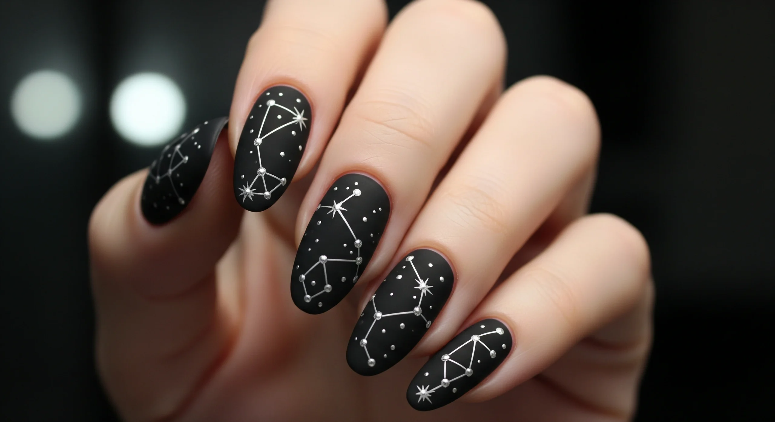 Black astronomy nails with white geometric constellation patterns and silver accents.