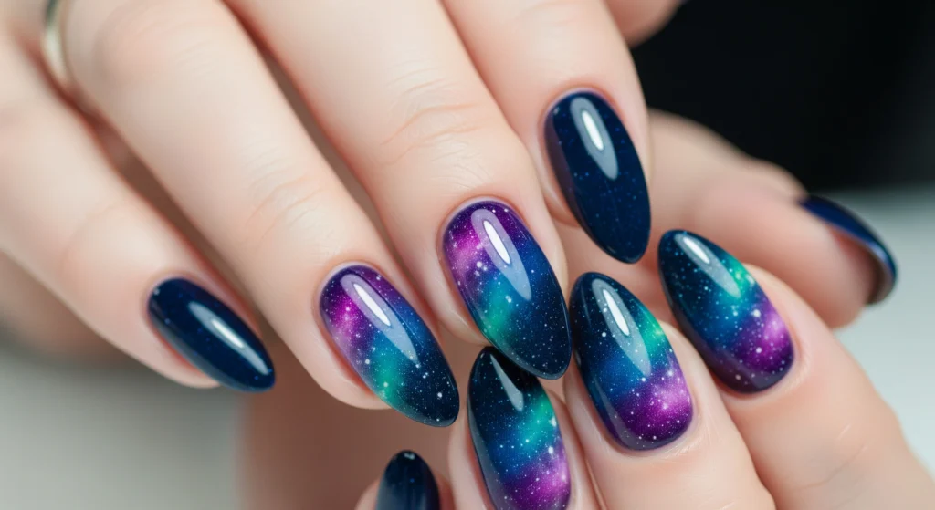 Astronomy nails featuring a classic nebula design with purple and blue gradients and white stars.