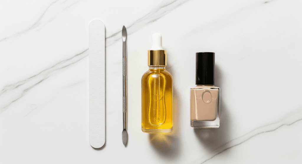 Essential tools for luxury home manicure including glass file and cuticle oil