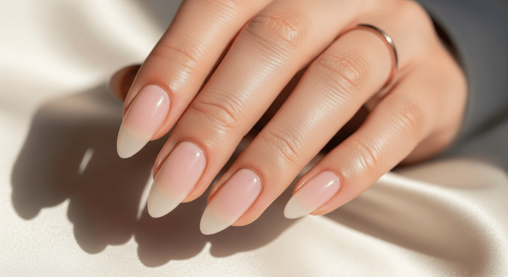 Classy elegant almond shaped nails in sheer pink with gold jewelry