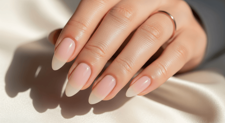 Classy elegant almond shaped nails in sheer pink with gold jewelry