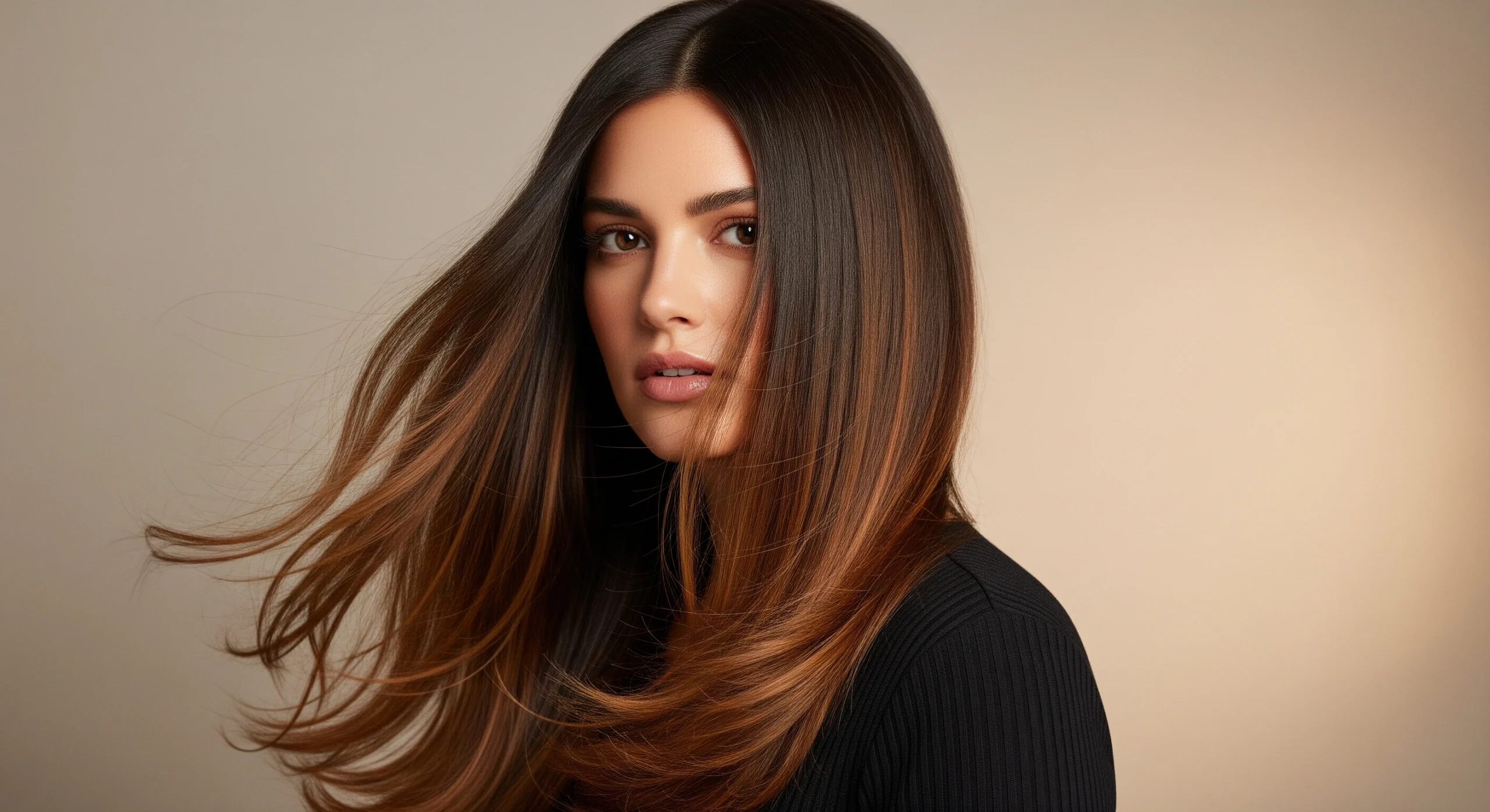 Woman with dark brown hair and caramel highlights in natural lighting