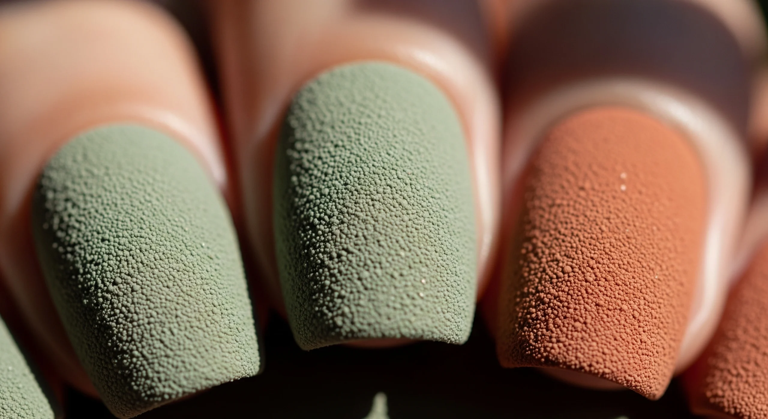 Textured 3D nail art in matte green and terracotta colors featuring a granular, sand-like sustainable finish.