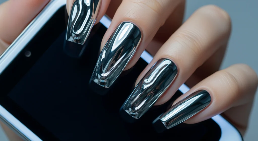 Metallic silver liquid chrome nails reflecting blue LED light, showcasing a futuristic mirror-finish manicure.