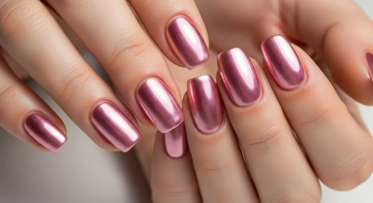 Close-up of pink gold chrome nails with a metallic shimmer on well-groomed hands.