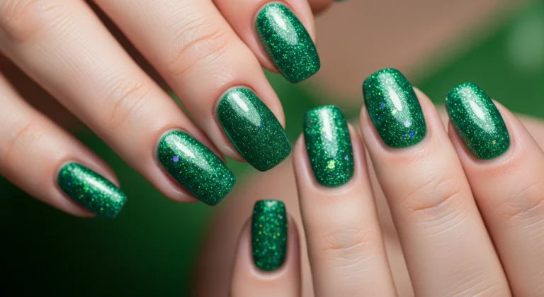 Tinkerbell green glitter nails with fairy dust sparkle