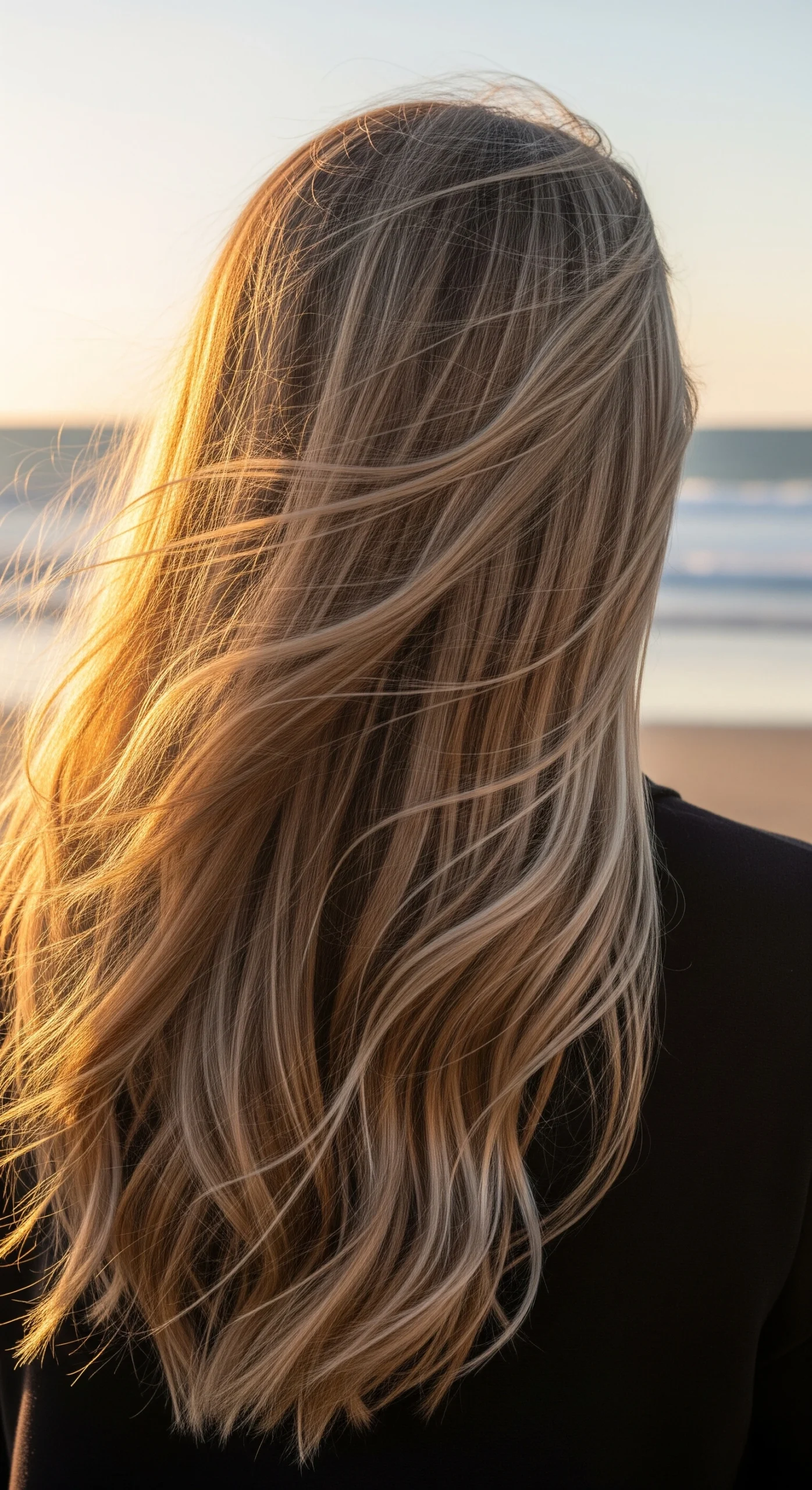 Side view of long layered wolf cut hair blowing in the wind during sunset.