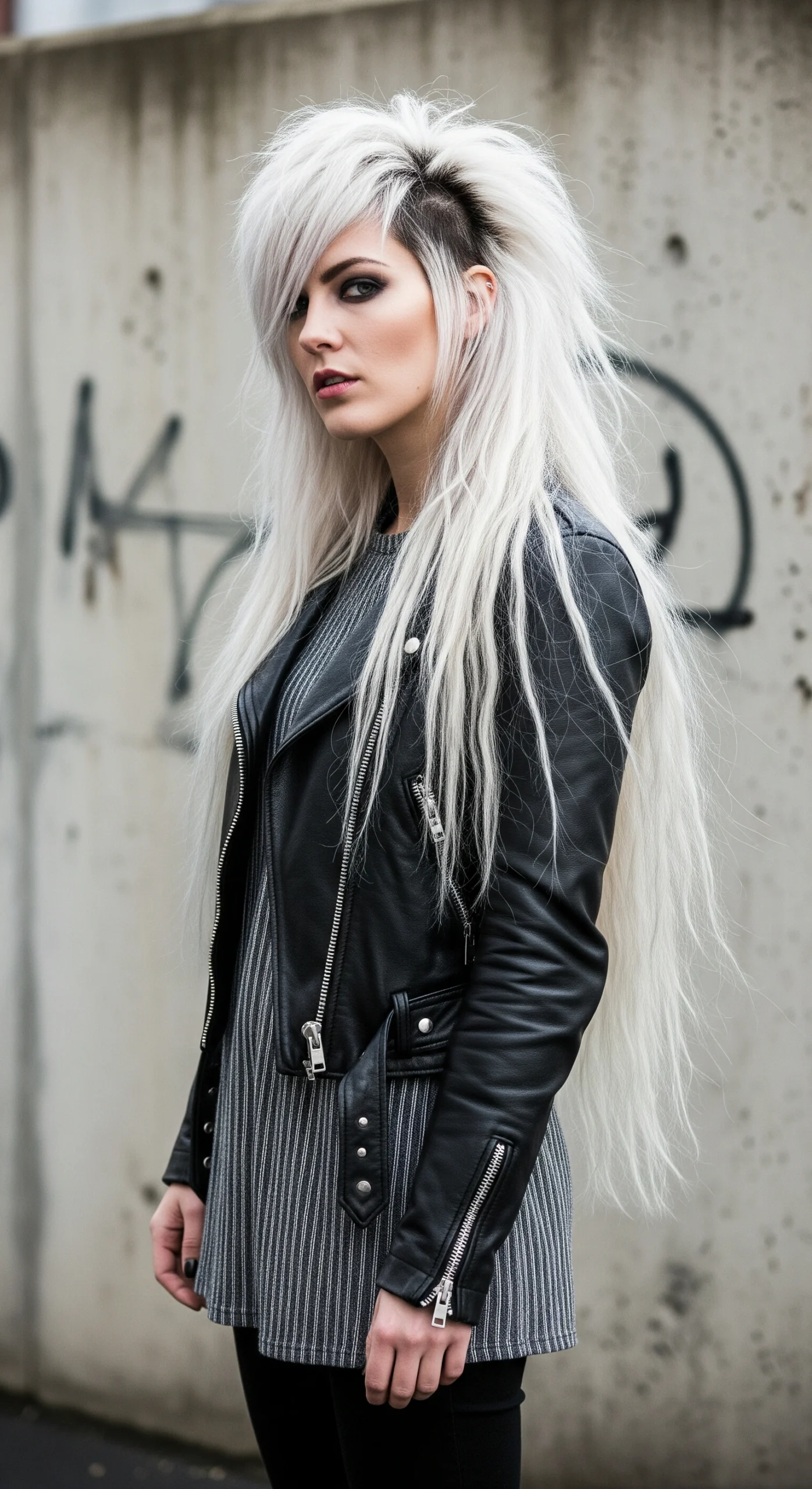Woman with edgy platinum blonde long wolf cut and dark roots in an urban setting.