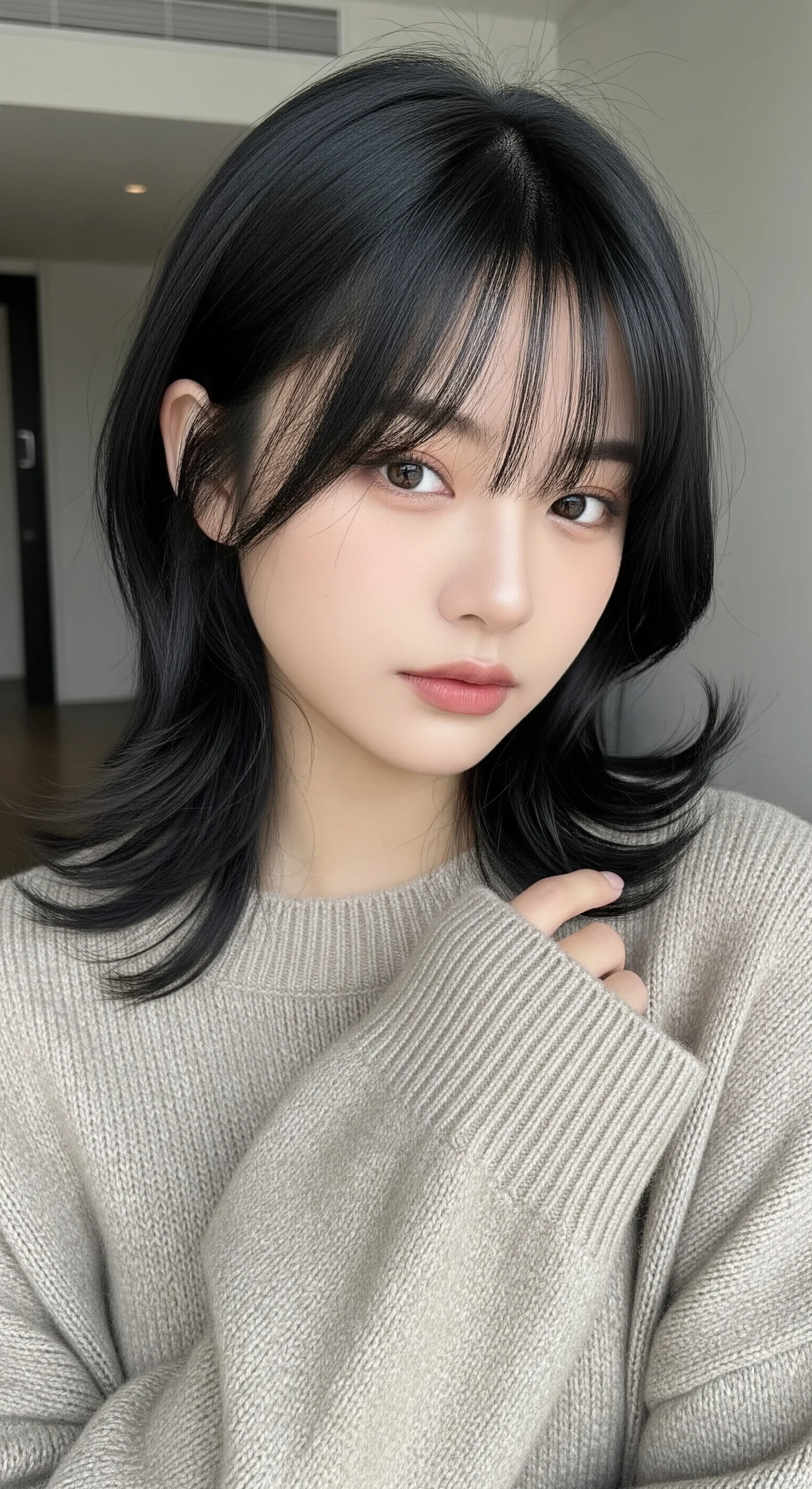 Asian woman modeling a long, soft Korean-style wolf haircut with wispy bangs.