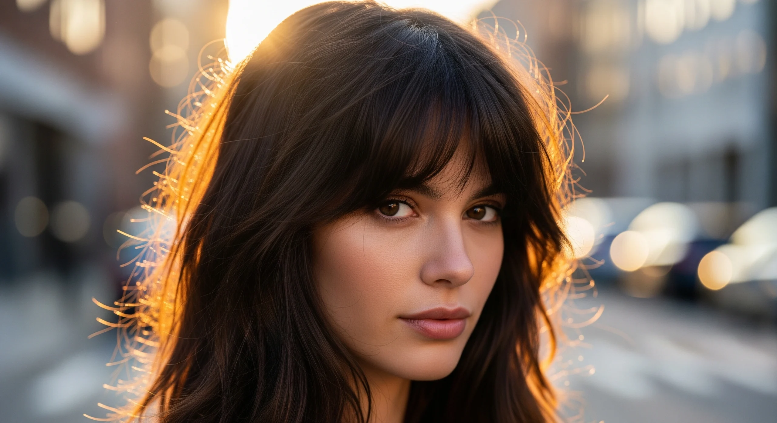 Woman with long brown hair styled in a layered wolf cut standing on a city street.