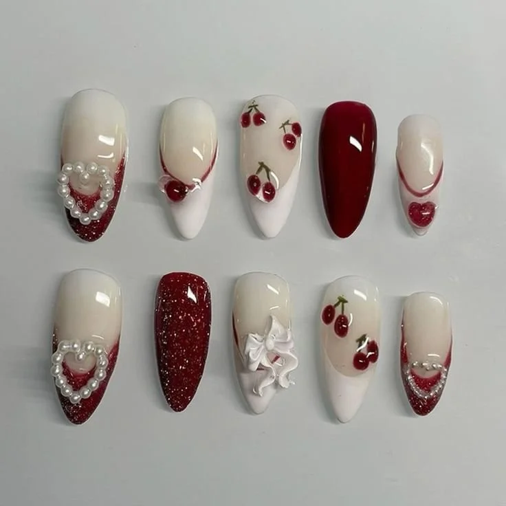 24 Pcs White Red Press on Nails Short Almond Nail Tips with Cherry Pearl Heart Design